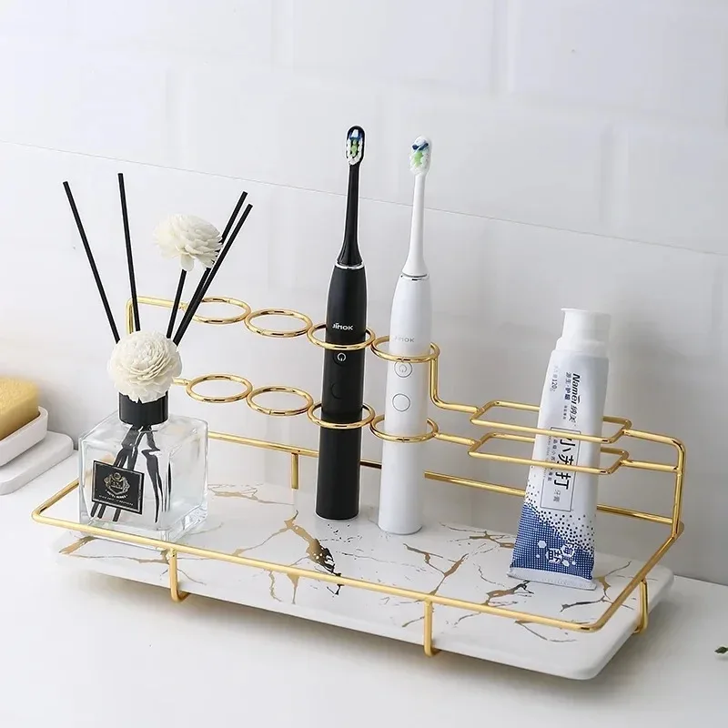 Marbling Rectangular Metal Rack Bathroom Electric Toothbrush Holder Bathroom Shelf Desktop Cosmetic Storage Organizer Home Tray