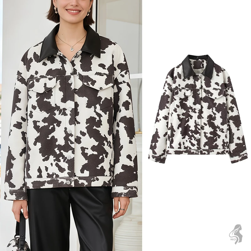 

Womens Cow Print Jacket With Leather Collar And Back Tassels Fashionable Retro Coat For Everyday Outings And Dates Woman Clothes