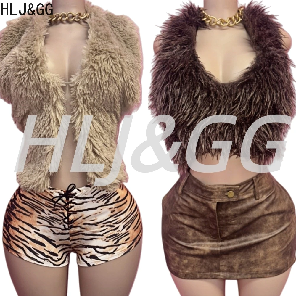 HLJ & GG сексуальный меховой Холтер с открытой спиной комплект из двух предметов женский укороченный топ без рукавов + тигровые бандажные шорты наряды модная уличная одежда