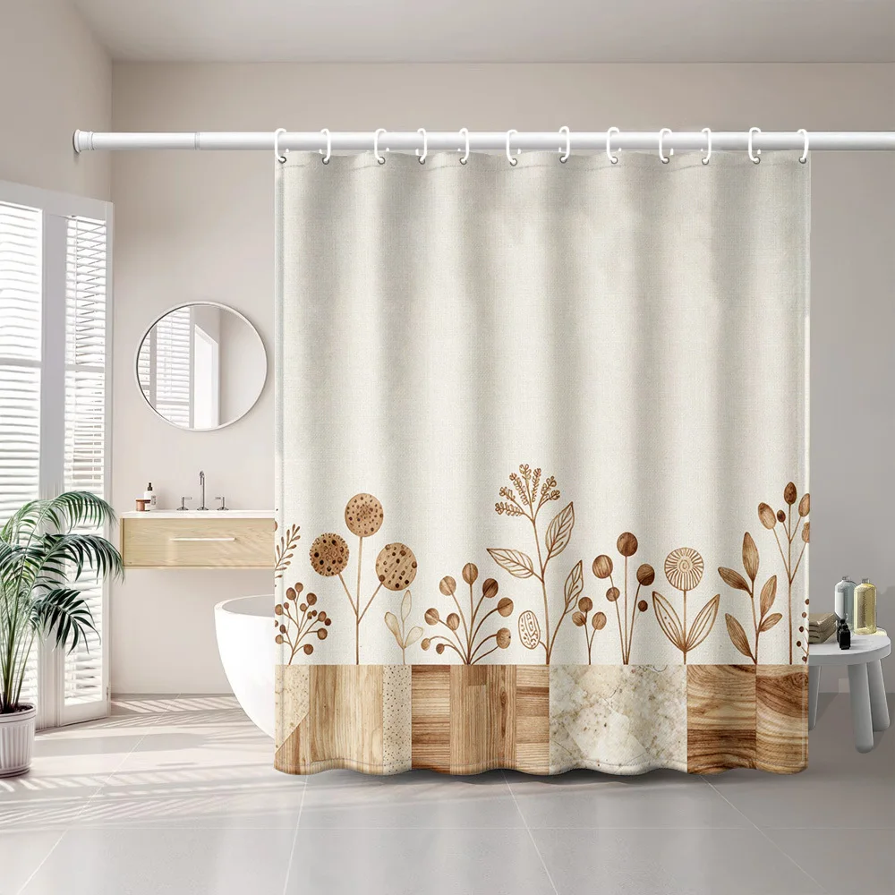 1pc Beige Background Patchwork Floral Print Shower Curtain, Bathroom Home Decor Shower Curtain with Plastic Hook Gift, Suitable
