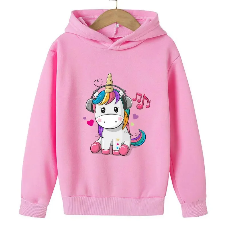 Cute Unicorn Cartoon Pattern Printed Children Baby Girl Pure Color Hoodie Pure Cotton Casual Comfortable 4-14T 2D Printed Hoodie