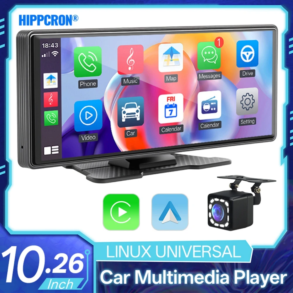

Автомобильный IPS-дисплей Hippcron 10,26 дюйма с беспроводным CarPlay и Android Auto, портативный автомобильный мультимедийный проигрыватель-радио