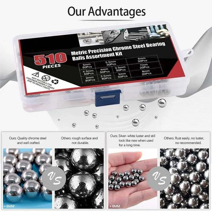 

Brand New High Quality New Useful Practical Steel Ball 2mm-8mm 510PC Assortment Precision Steel 304 Steel Ball