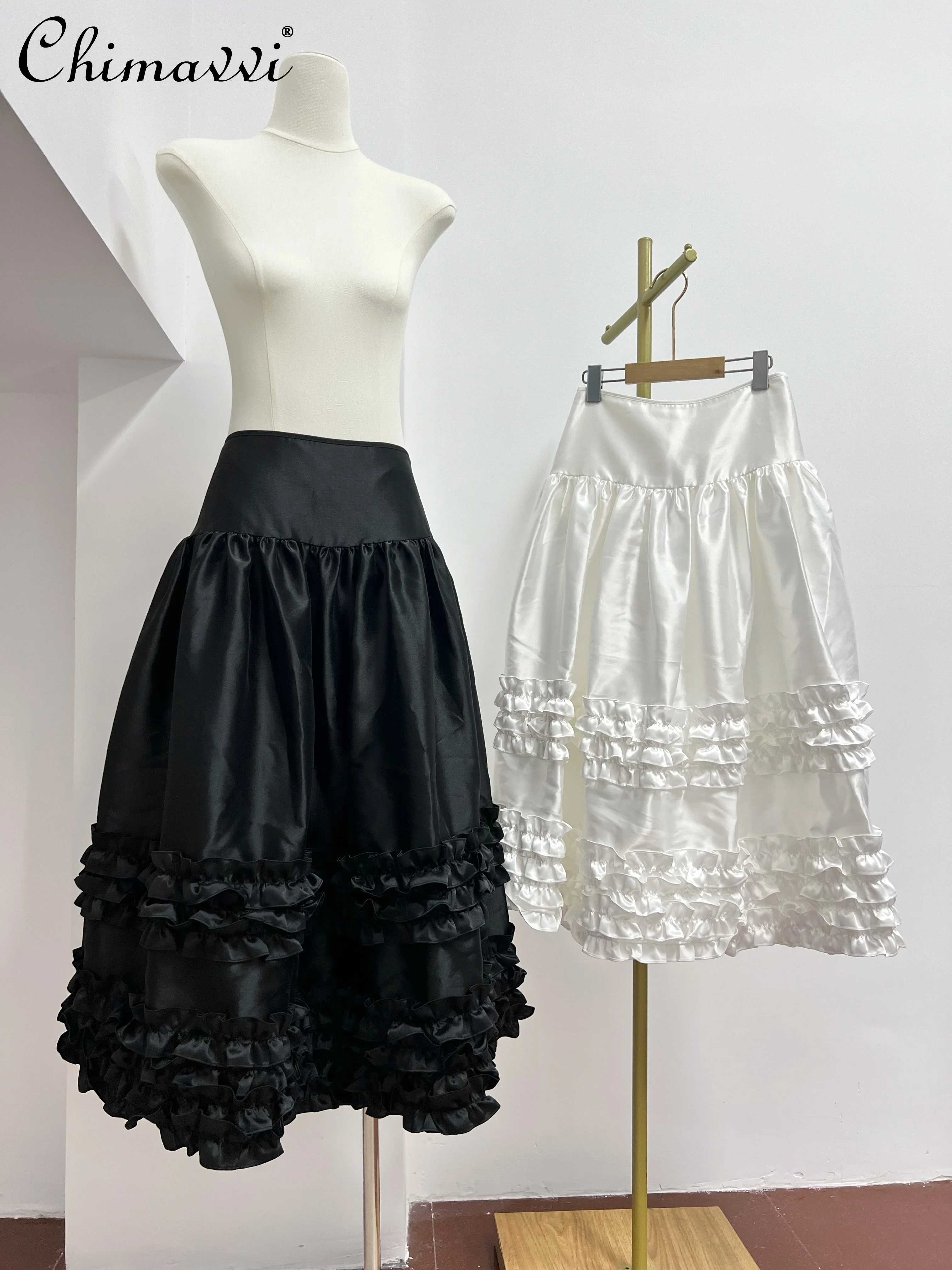 

Fashion Wrapped High Waist Wedding Dress Silk Satin Cake Skirt Elegant A-line Skirt Autumn Fairy Princess Ruffled Puffy Skirts