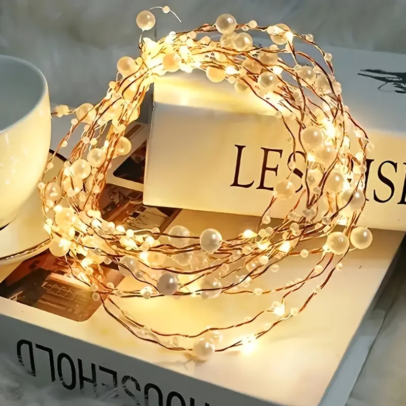 1pc Smart LED Copper Wire Lights , Pearl-Shaped String Lights, Battery-Powered for Home, Holiday Decor, Christmas & Weddings