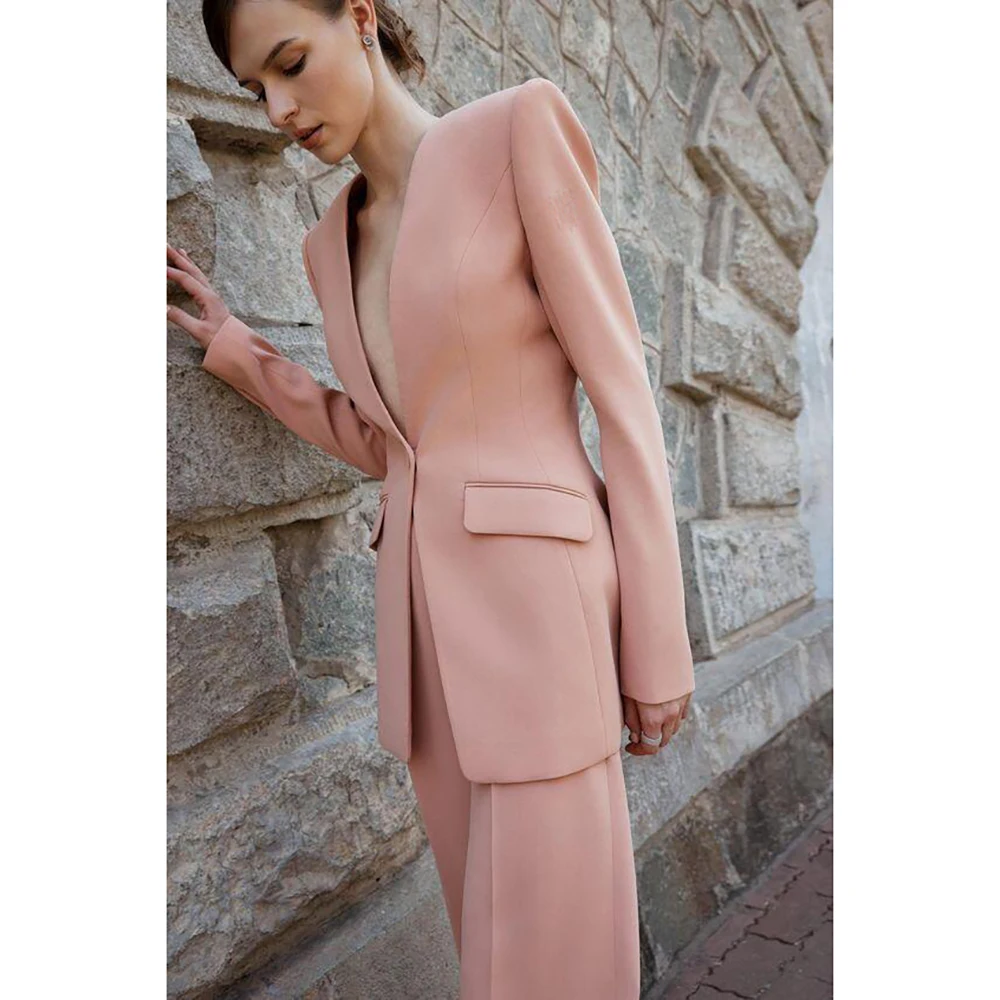 Fashion Single Button Elegant Pink Women Pants Set High-end Female Two Pieces(Jacket+Trousers)أطقم بناطيل