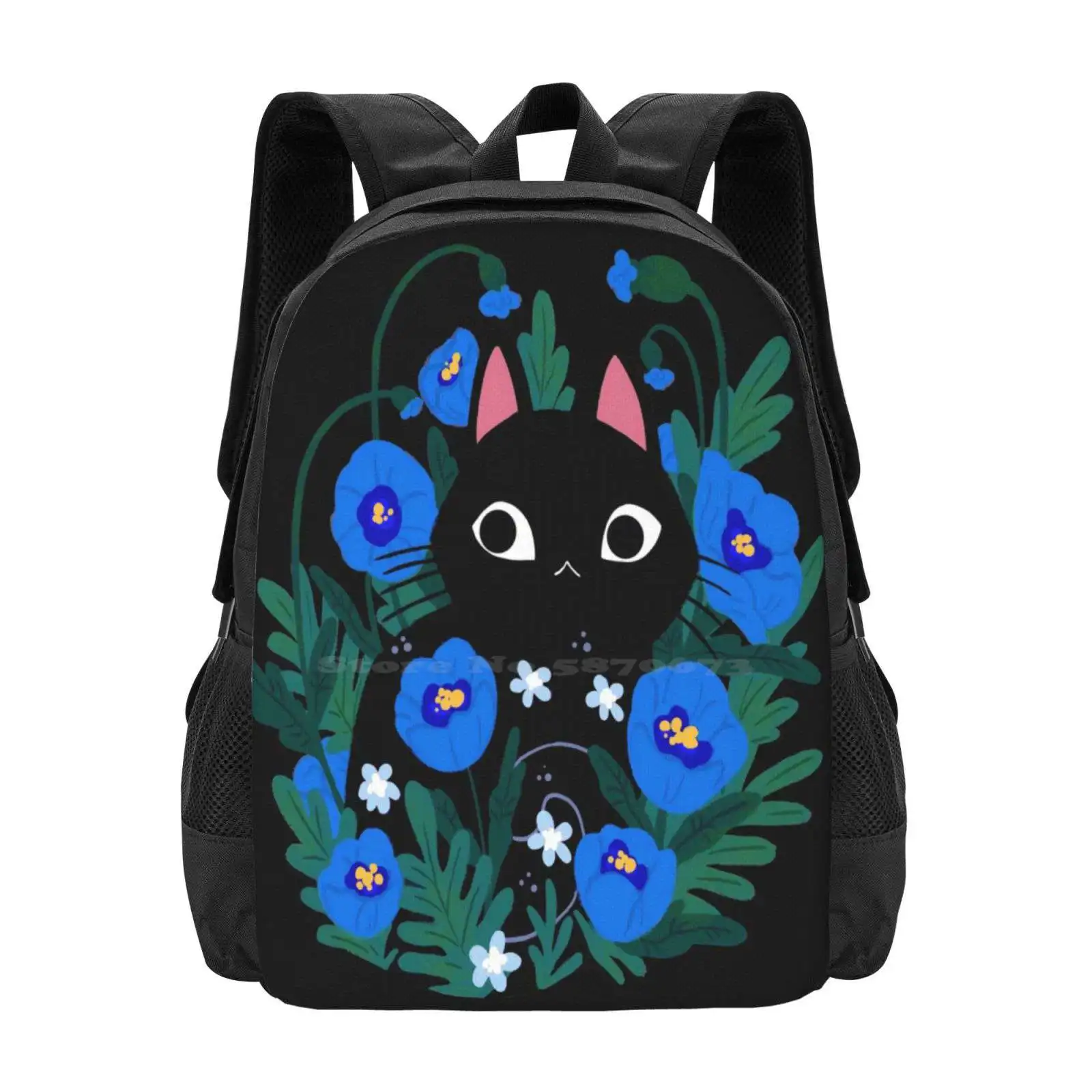 Mochila de gato negro con flor azul para estudiantes, bolsa de viaje para ordenador portátil, Gato Negro, flores azules, gatos, animales, bonita, Gato loco para mujer