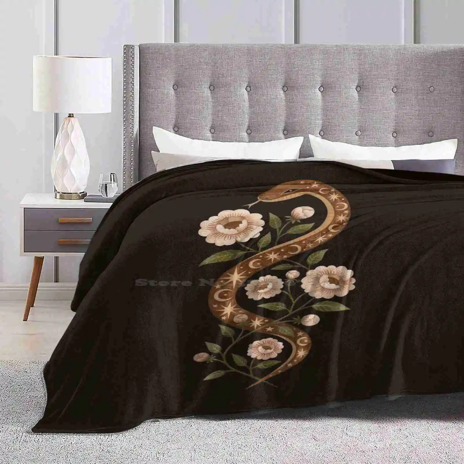 Serpent Spells Top Quality Comfortable Bed Sofa Soft Blanket Gouache Snake Serpent Animals Wild Flowers Floral Bloom Blossom