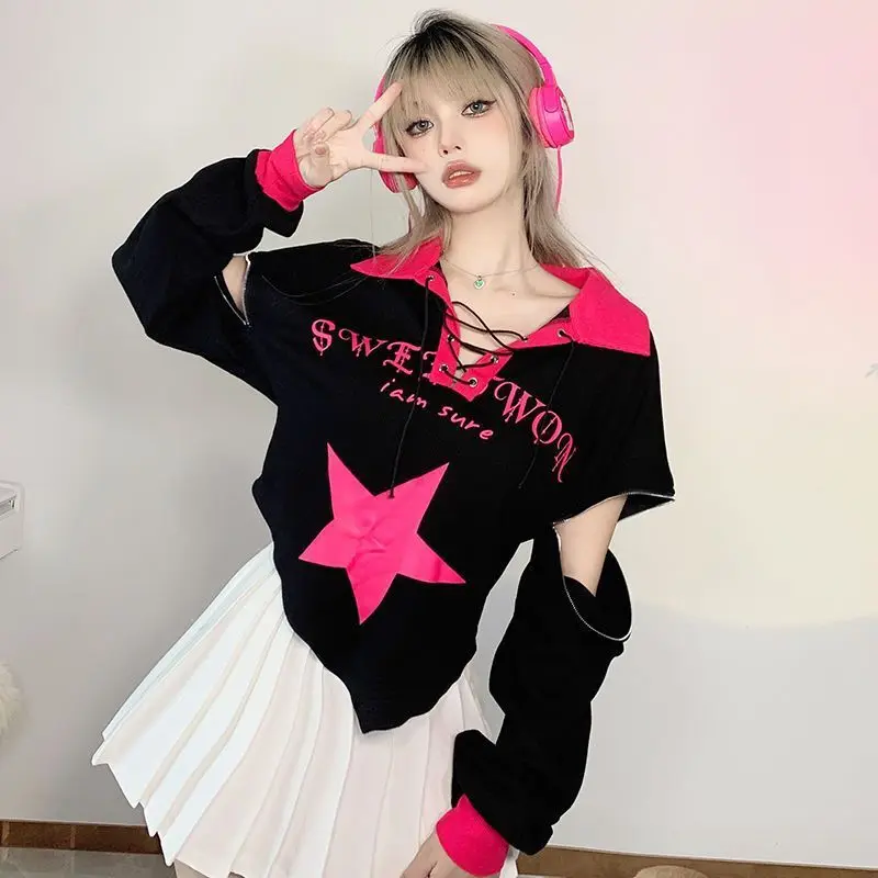 Lapel Contrast Color Star Print Sweater Women 2024 Autumn New Sweet Cool Hot Girl Zipper Tie Irregular Long Sleeve Top