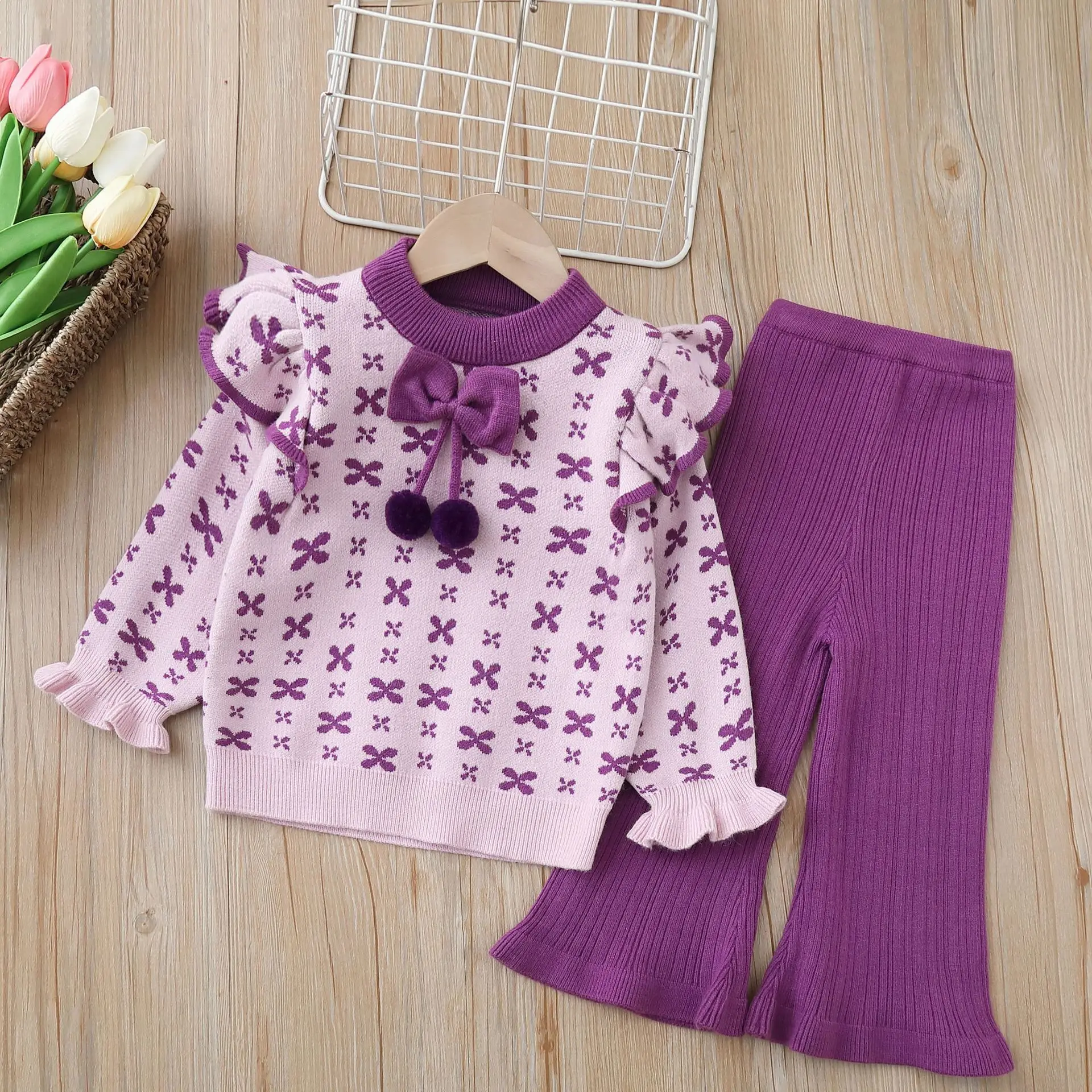 Autumn And Winter New Style girls' Sweater set, A bow-tie Little Girl round-neck Sweater Top And Pants two-piece set, 2-6Y