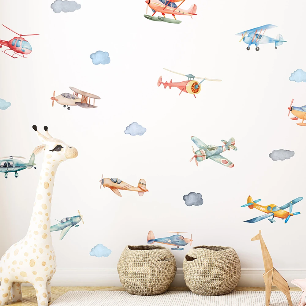 Watercolor Airplane Helicopter Wall Stickers Baby Nursery Kids Room Plane Biplane Wall Decals Bedroom Playroom Home Decor