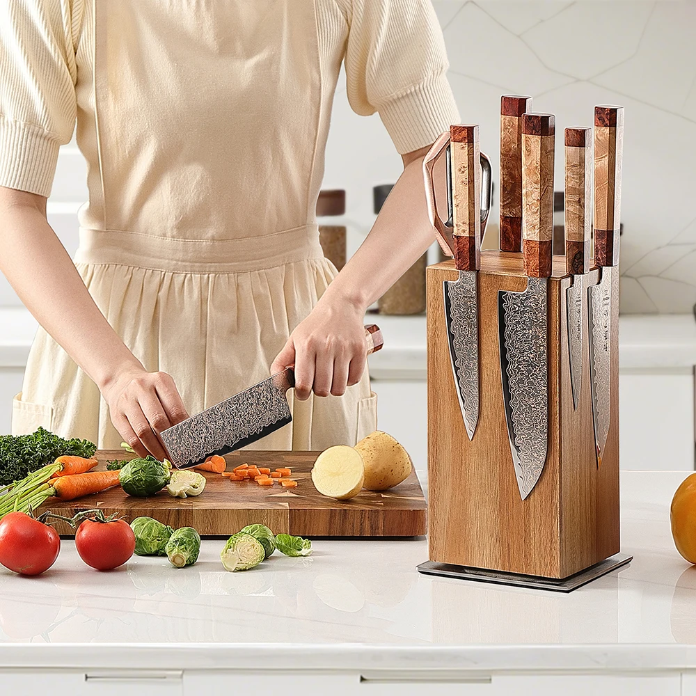 

HEZHEN 360° ° Вращение из дерева акации 430, основание из нержавеющей стали, магнитный держатель ножа, 4-сторонний магнитный блок ножей, нескользящие резиновые подушечки