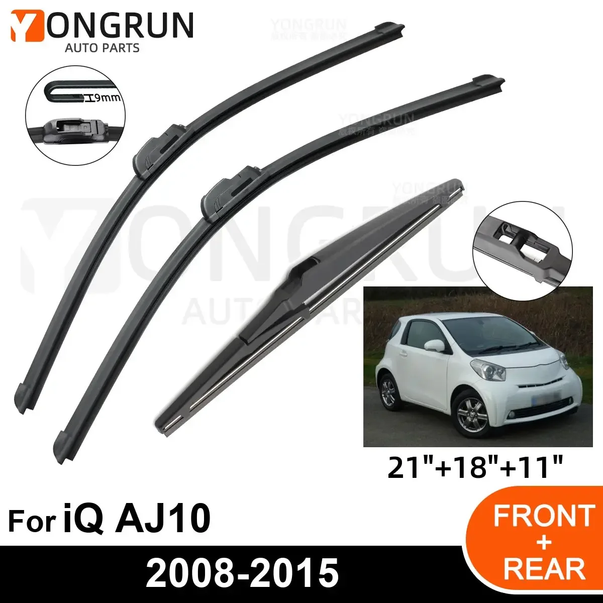 3PCS Car Wiper for Toyota / Scion iQ AJ10 2008-2015 Front Rear Windshield Windscreen Wiper Blade Rubber Accessories