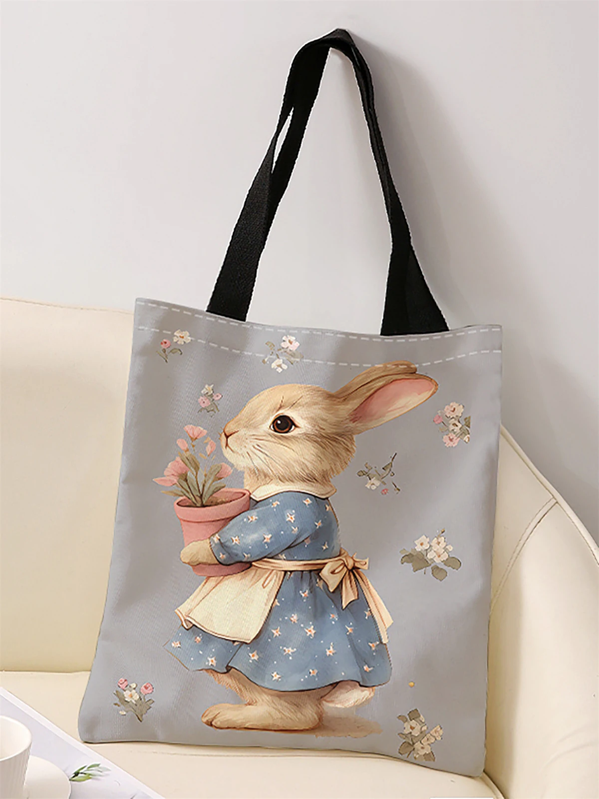 حقيبة يد كاجوال مطبوعة بنمط أرنب، حقيبة ظهر عصرية قابلة لإعادة الاستخدام، حقيبة يد متعددة الوظائف، حقيبة تسوق قماشية #3