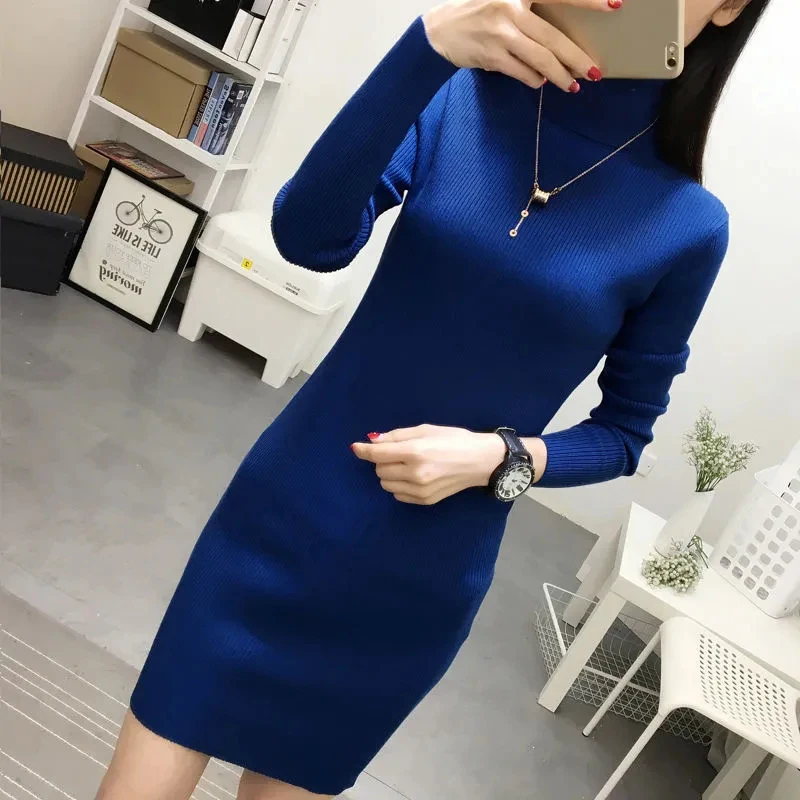 

Fashion Bottom Sweater Women Autumn Winter Elastic Long Sleeve Turtleneck Elegant Knitted Party Dress Slim Black Sexy Dresses