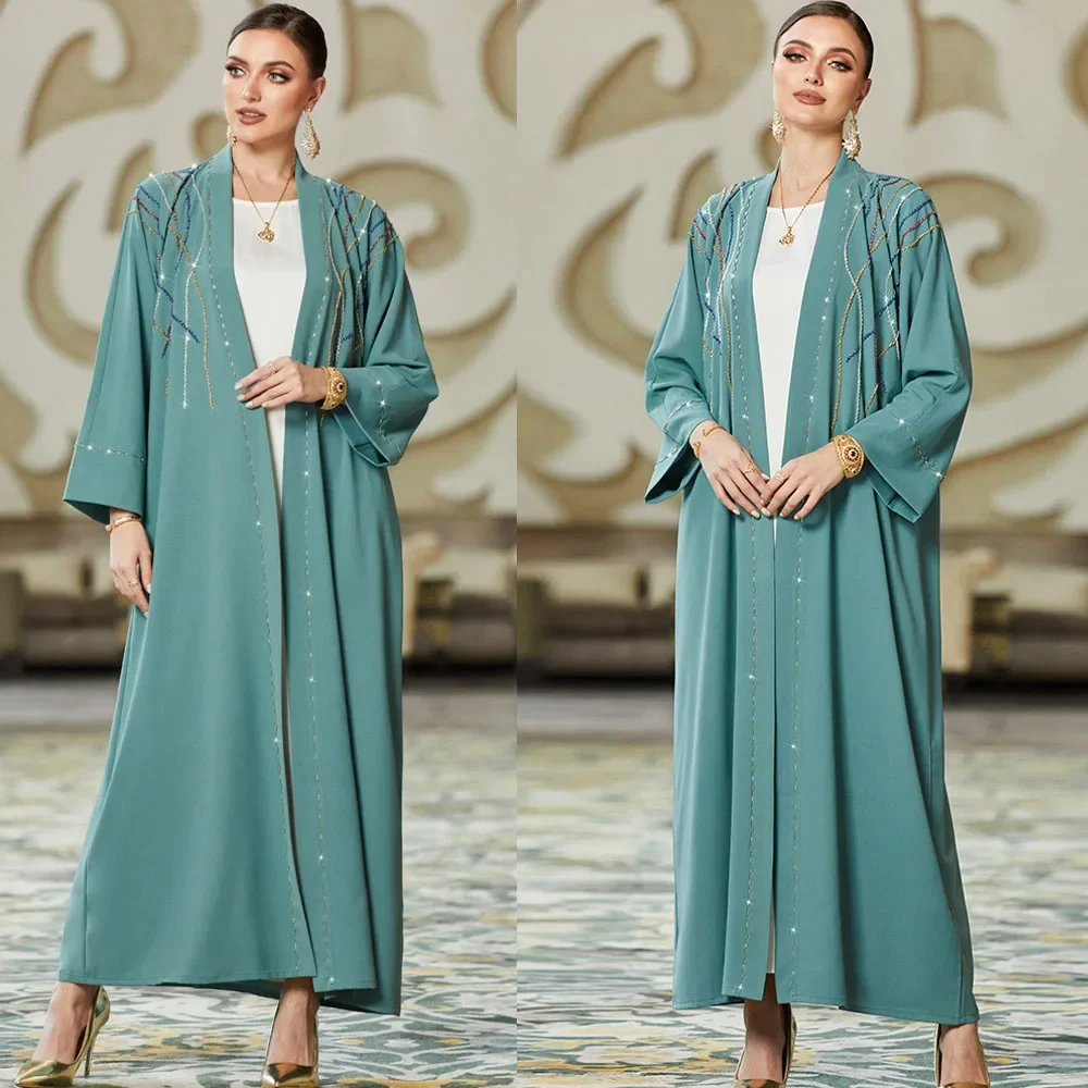 Moroccan Eid Party Diamonds for Elegant Women Open Abayas Cardigan Dress Arab Dubai Islamic Kimono Gown Ramadan Evening Jalabiya