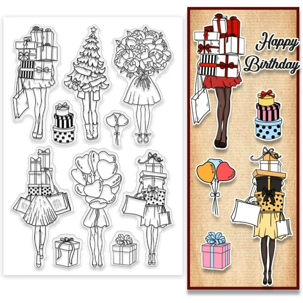Frauen mit Geschenk und Blumenstrauß, transparente Stempel, Liebesballons, Silikonstempel, Geschenk, Haufen, transparente Gummistempel für Weihnachten