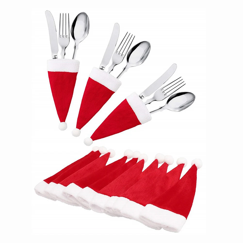 

12 PCS Christmas Hat Tableware Set Hats Cutlery Utensils Holder Bottle Covers Xmas Silverware Holders
