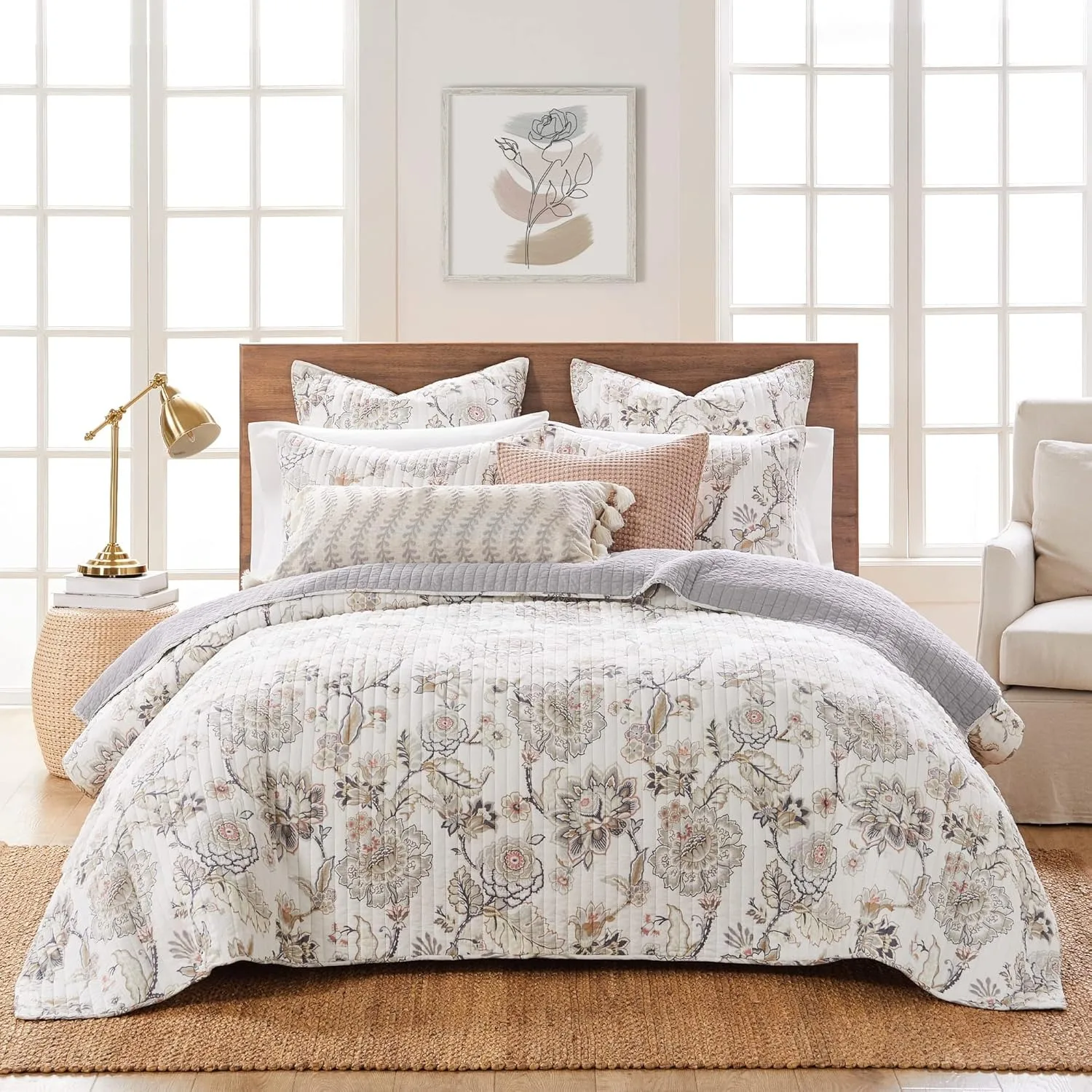 

Ophelia Quilt Set - King Quilt and Two King Shams Blush - Quilt (106x92in.) and Shams (20x36in.) - Reversible - Rayon/Cotton