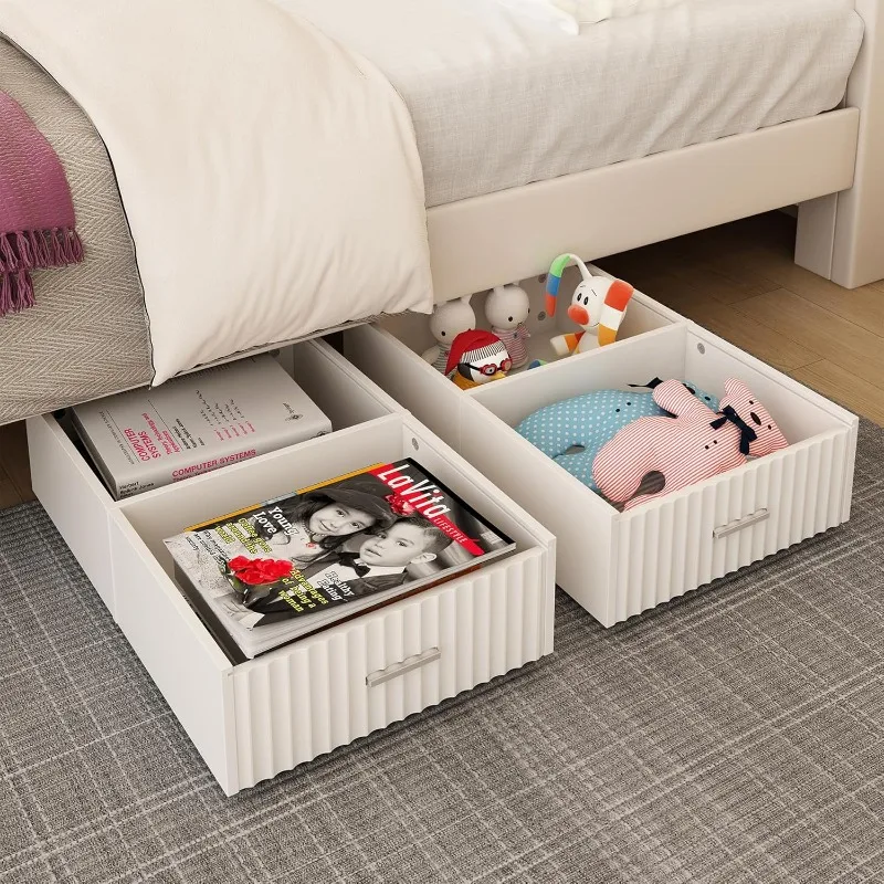 Under Bed Storage with Wheels, Rolling Fluted Under Bed Drawers, Wooden Underbed Storage Bins with Clear