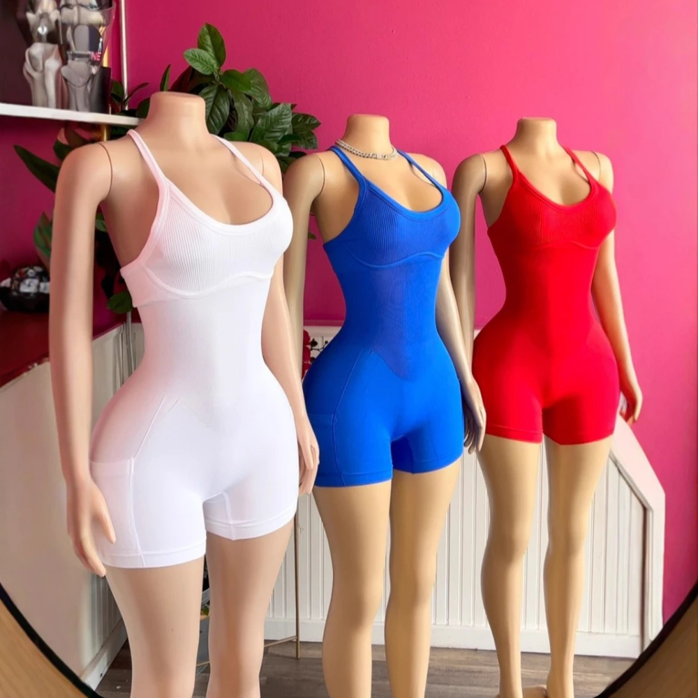 

Women Knitted Sleeveless V-neck Backless Short Jumpsuits Street 2025 Summer Strap Active One Piece Suit Romper Playsuits
