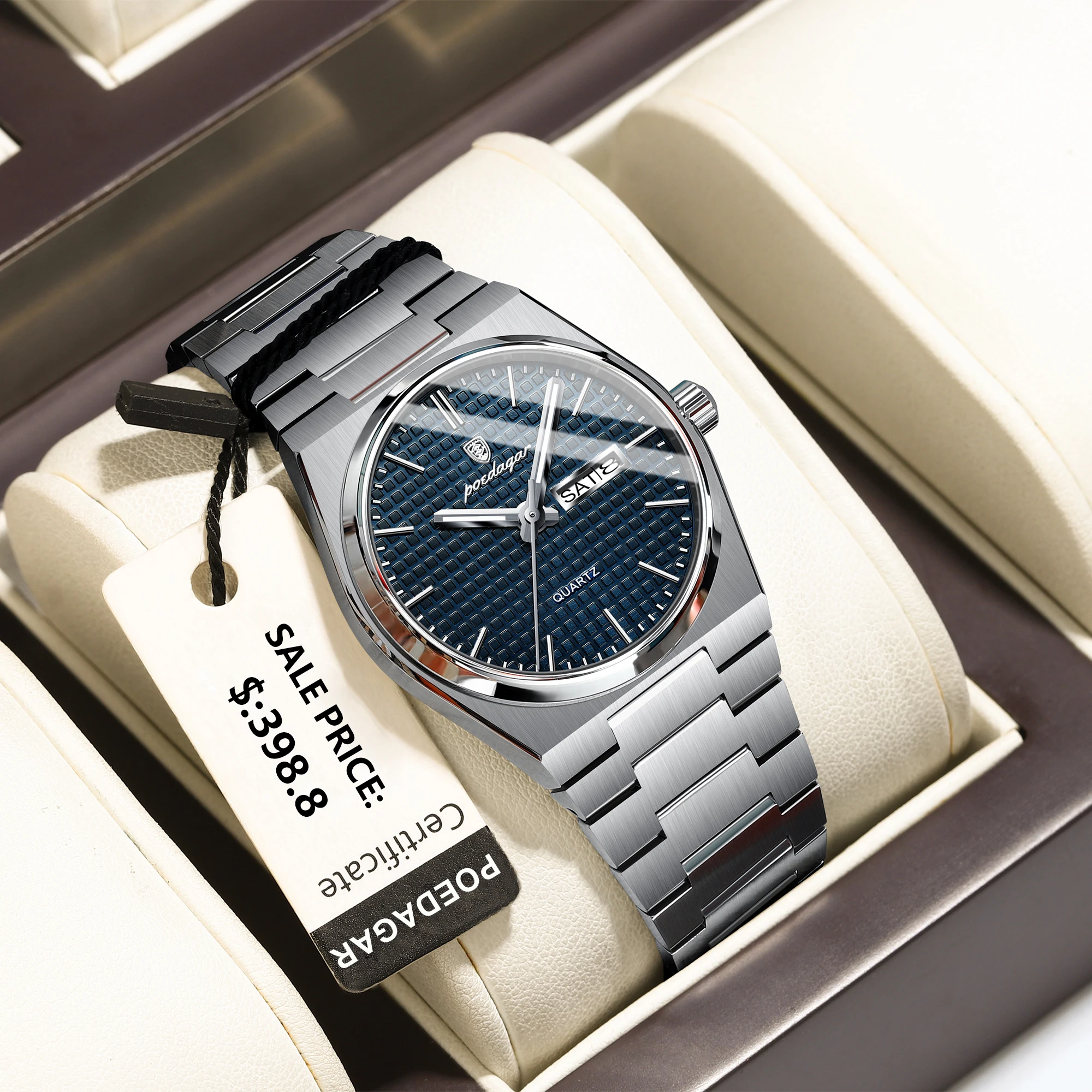 POEDAGAR Fashion Business Man Watch Stainless Steel Date Week Men Wristwatch Waterproof Luminous Luxury Quartz Men's Watches+Box