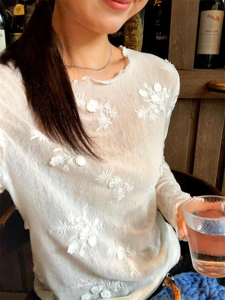 Ladies Summer Floral Net Sleeveless Top Thin Sun Protection Transparent Base Shirt Korean Style Commute Floral Print High Waist