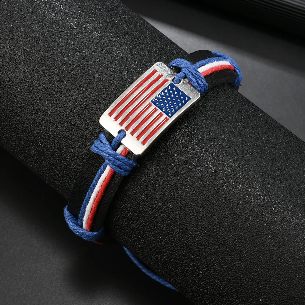Europe and the United States new popular zinc alloy national flag cowhide woven bracelet adjustable red, white and blue wax thre
