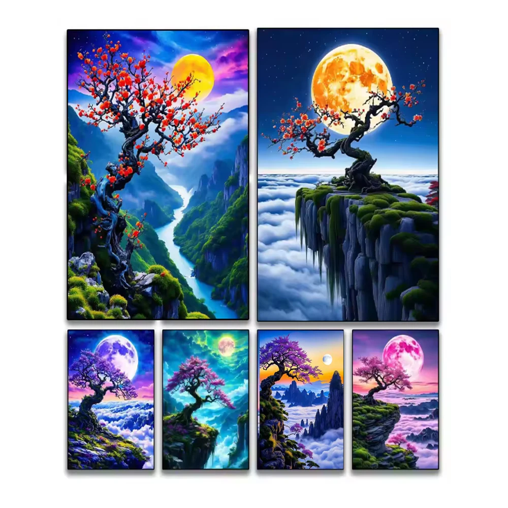 Paisaje de Árbol en Acantilado, Bordado de Diamantes DIY, Mosaico de Diamantes Redondos y Cuadrados, Pintura de Paisaje, Manualidad, Decoración del Hogar