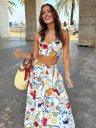 TRAFZA Women 2 Piece Set Sexy Backless Buttons Sleeveless Mini Sling Print Top+Fashion High Waist Button Pocket Midi Skirt Mujer