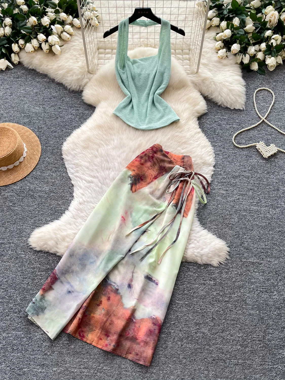 Summer Beach Style Halter Neck Gradient Vest And High Waist Skirt Two Piece Set Women's Fashionable Tie Dye Outfit