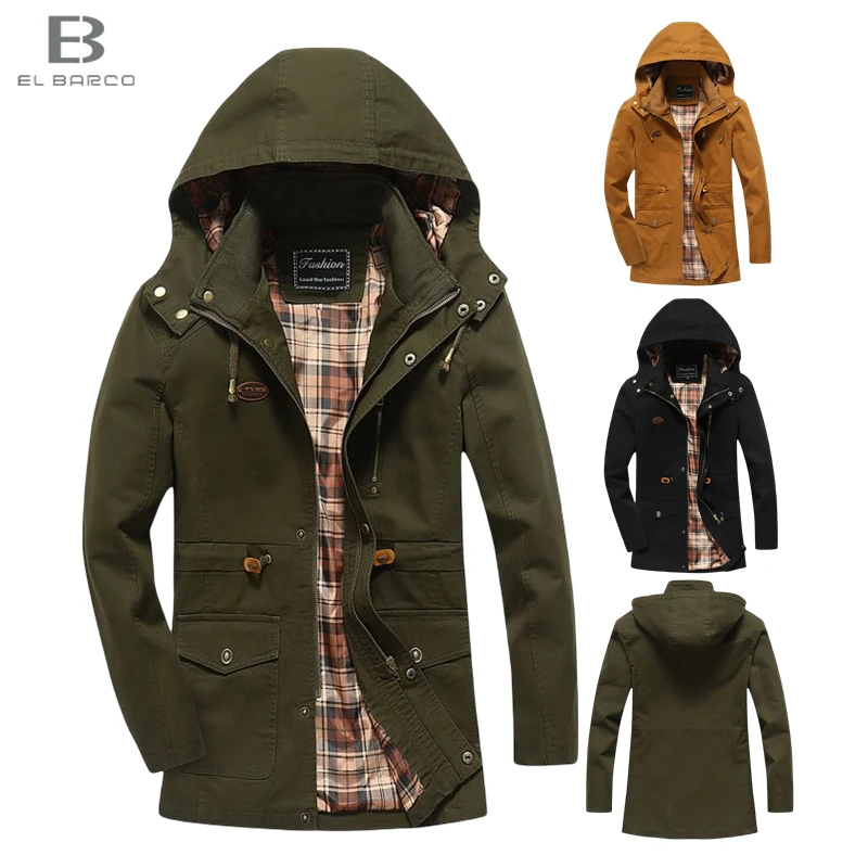 

EL BARCO Hot Sale Autumn Winter Cotton Windproof Outdoor Wear Coat Army Green Black Hood Long Men Military Jackets