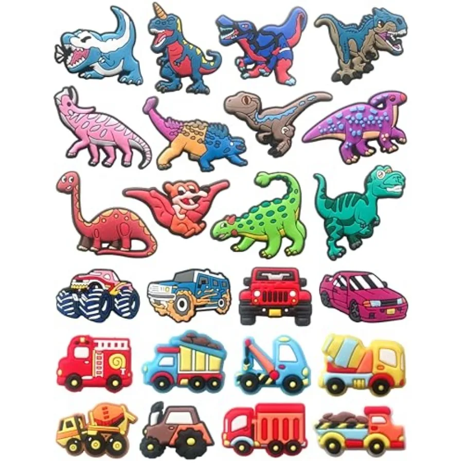 

Car and Dinosaur Shoe Charms for Boys Girls and Teens:24 PCS Shoe Decoration Accessories Pins with Dino, Construction Truck for