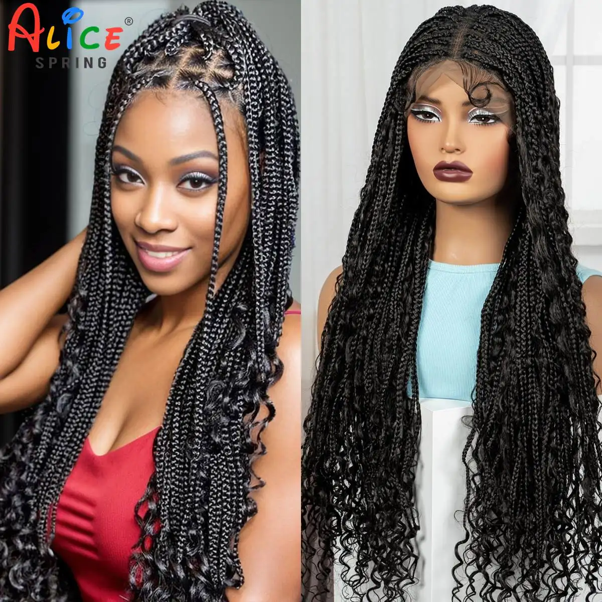 Perruques tressées synthétiques en boîte sans nœuds de 32 pouces, perruques tressées Boho en dentelle complète avec extrémités bouclées, perruque Lace Frontal tressée pour femmes