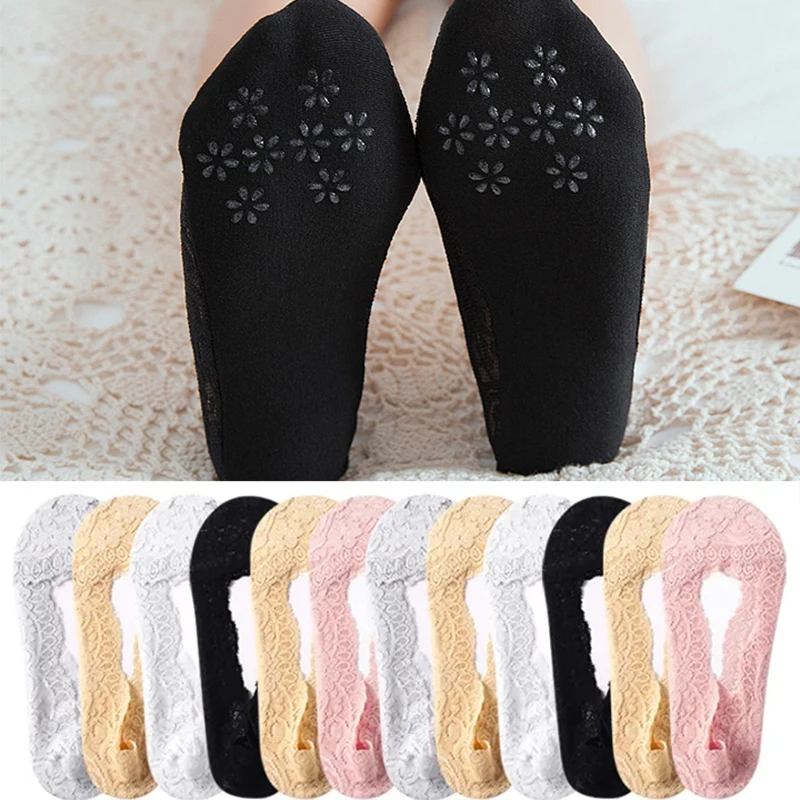 

5Pairs Summer Women Silica Gel Lace Boat Socks for Female Invisible Cotton Sole Non-slip Antiskid Slippers Anti-Slip Sock