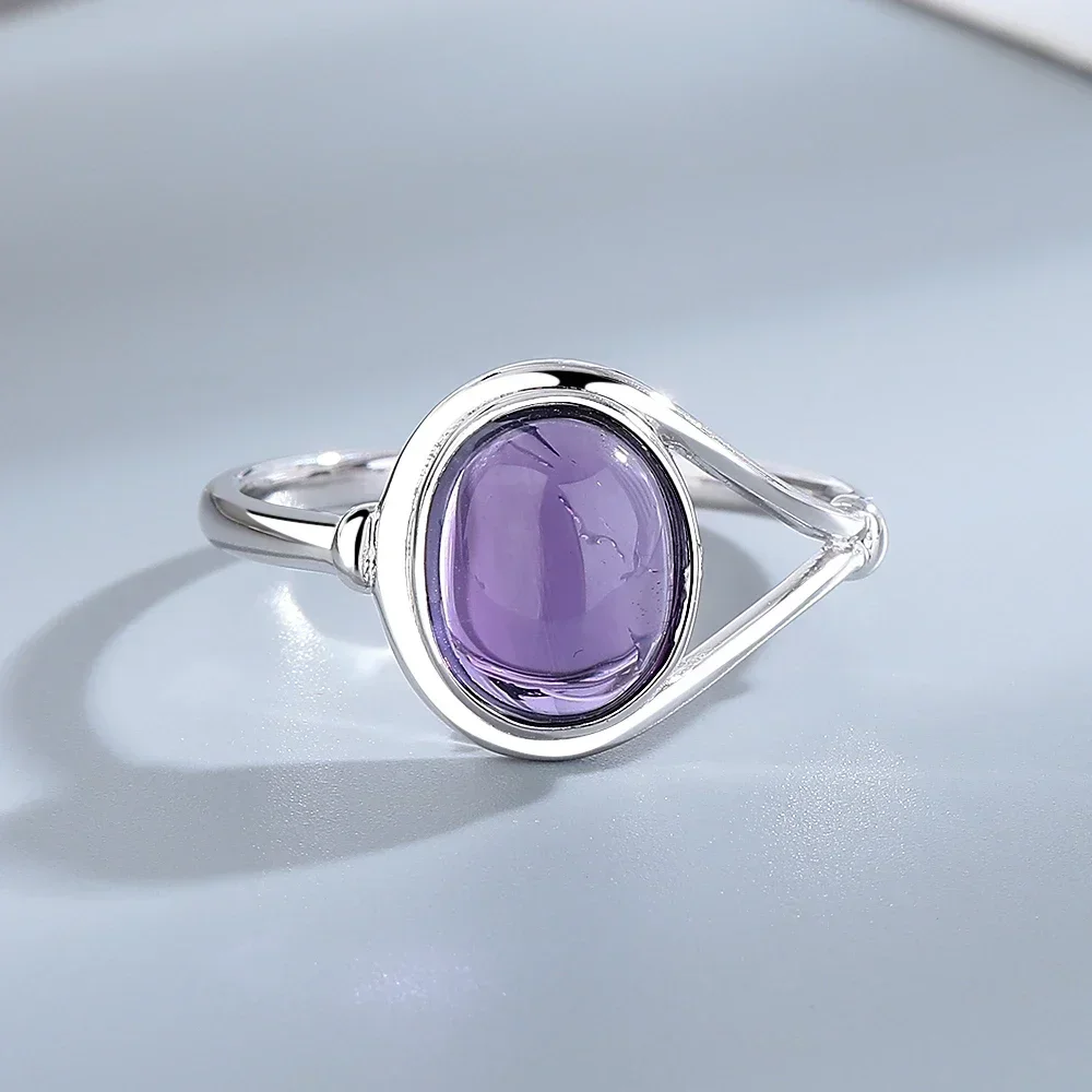 925 Sterling Silver Natural Stone Rings With Amethyst Simple Oval Ring 8*10mm Fine Jewelry Purple Rings For Women