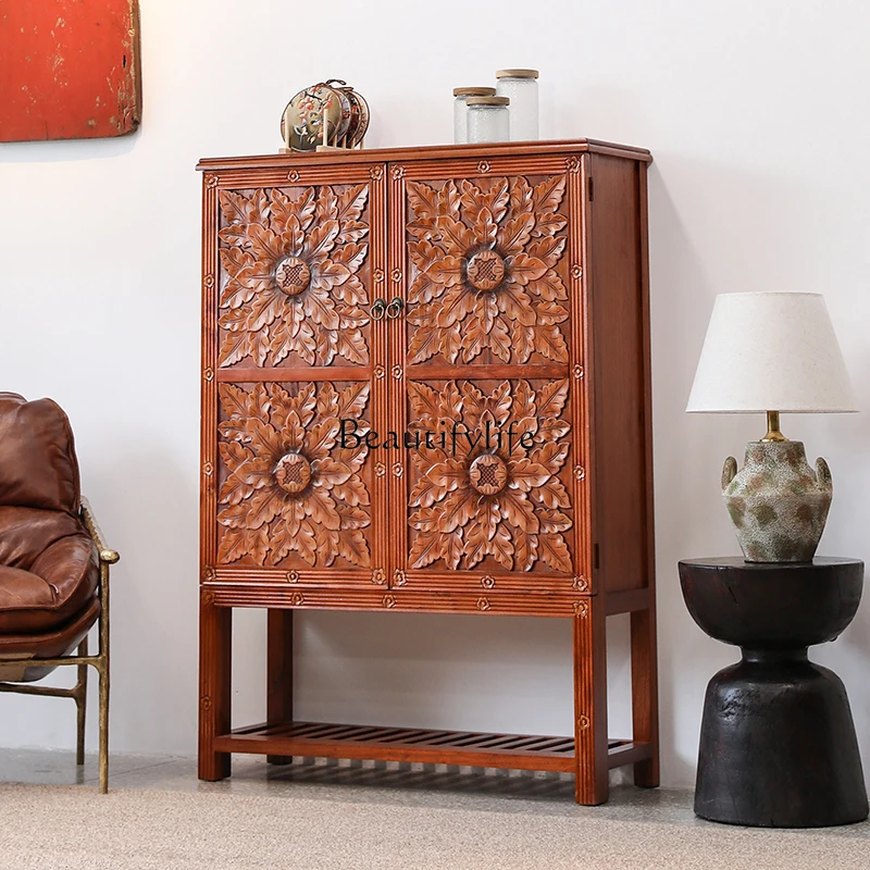 

South East Asia retro solid wood shoe cabinet storage cabinet entrance foyer Thai carved locker decorative cabinet