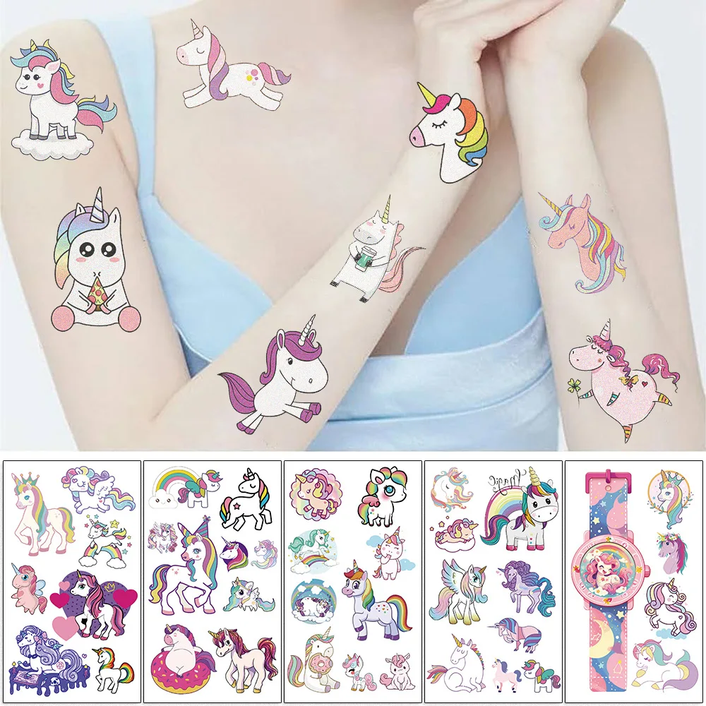 Pegatinas de tatuaje de unicornio para niños, tatuaje falso temporal, brazo, manos, cuerpo, juguetes de regalo, 10 hojas