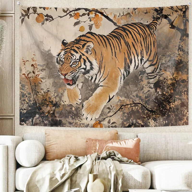 VIKAMA Roaring Tiger Tapestry, Dark Gold Jungle Wall Hanging Home Decor, Aesthetic Boho Living Room Tapestries