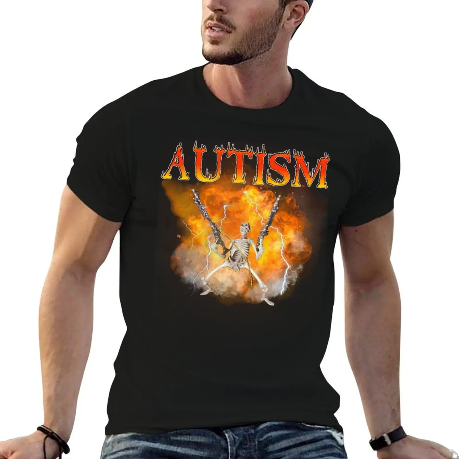 Autism Skeleton with Machine Gun Meme T-Shirt man t shirt cotton high quality cotton tshirt 100% t shirt man cotton T-Shirt