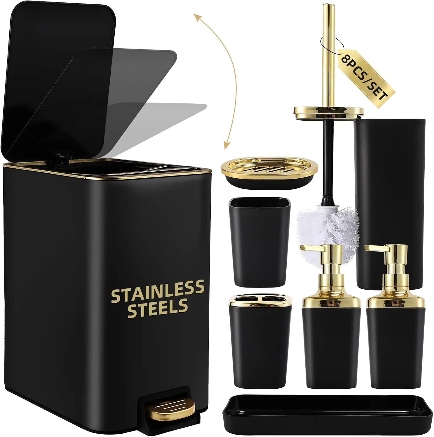 

8-Piece Black and Gold Bathroom Set with Stainless Steel Trash Can, Toilet Brush, Toothbrush Holder, Soap Dispenser