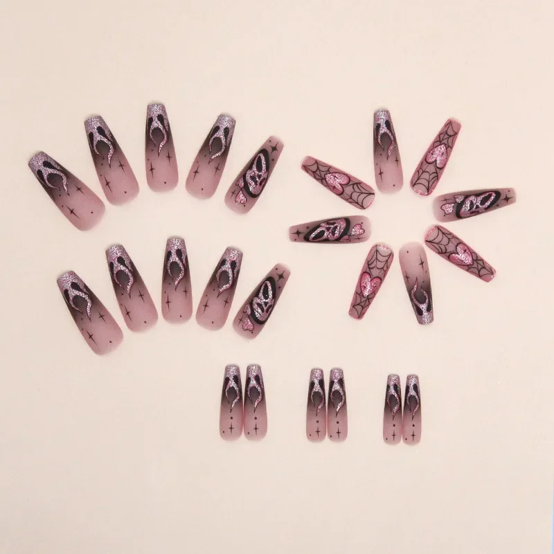 Parche de uñas postizas con lentejuelas rosas brillantes, 24 piezas, Calavera aterradora, patrón de corazón de amor, uñas artificiales, cobertura completa, usable, regalos de Halloween