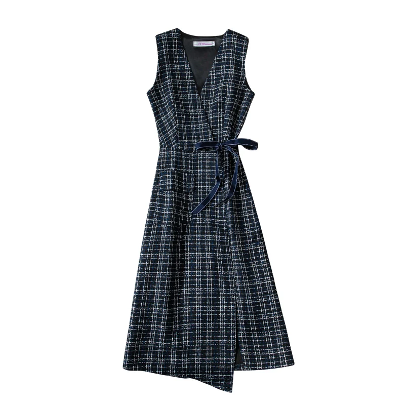 

Autumn winter vintage plaid woolen vest women v-neck slim irregular slim a-line dress 3XL