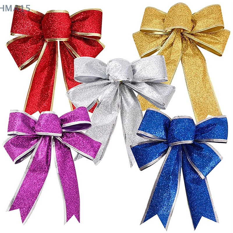 17cm Large Christmas Bow Glitter Ribbon Bowknot For Xmas Tree Hanging Pendant Ornaments Xmas Home Party Decoration Supplies