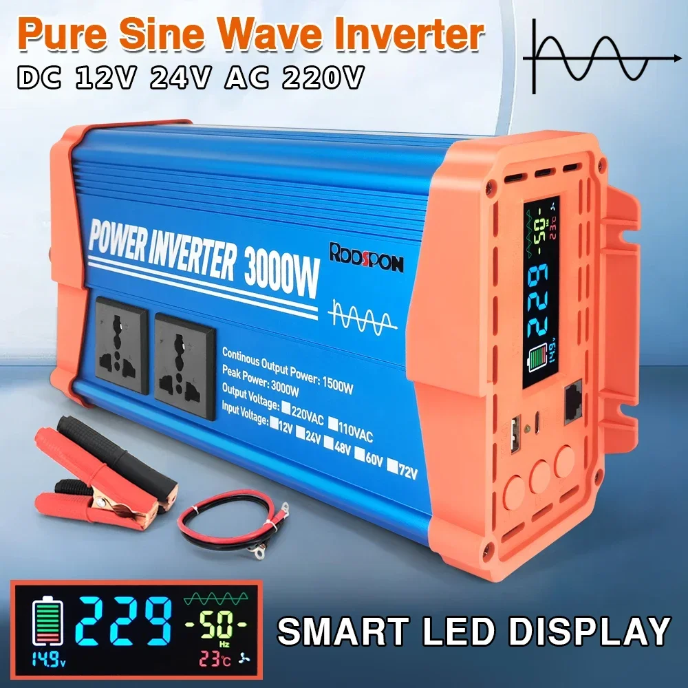 Pure Sine Wave Inverter 3000W Portable Car Power Bank Converter DC 12V 24V To AC 220V 50/60Hz Voltage Converter with LED Display