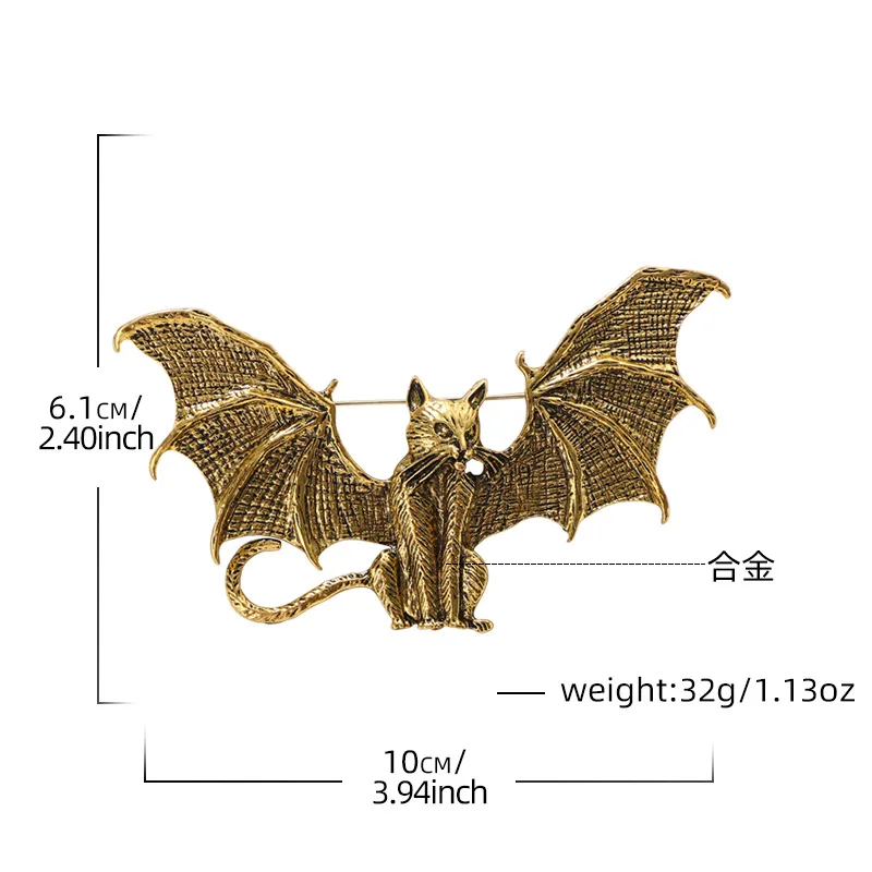 Personalized wings, vintage cat brooch accessories, funny bat style, flying cat chest flowers
