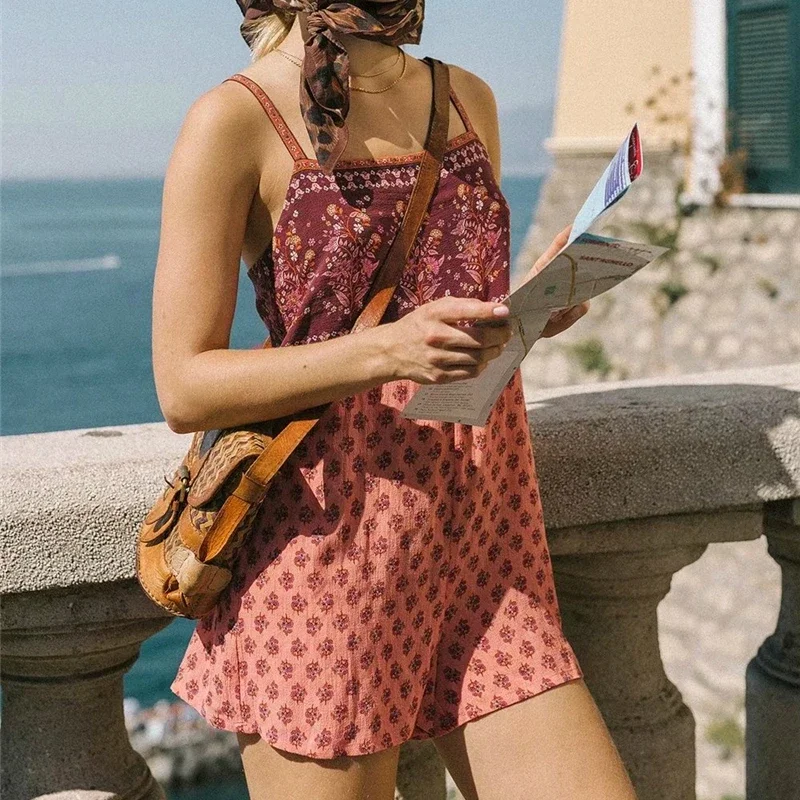 TEELYNN Boho Jumpsuit Red Floral Print Women Playsuit Sleeveless Straps Summer Romper Beach Bohemian Clothing Casual Rompers