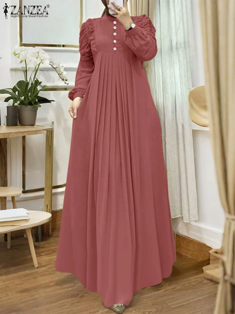 ZANZEA femmes musulmanes modeste Maxi Robes Hijabis élégant volants garniture à manches longues plissé Abaya Robes 2025 islamique Eid Robes