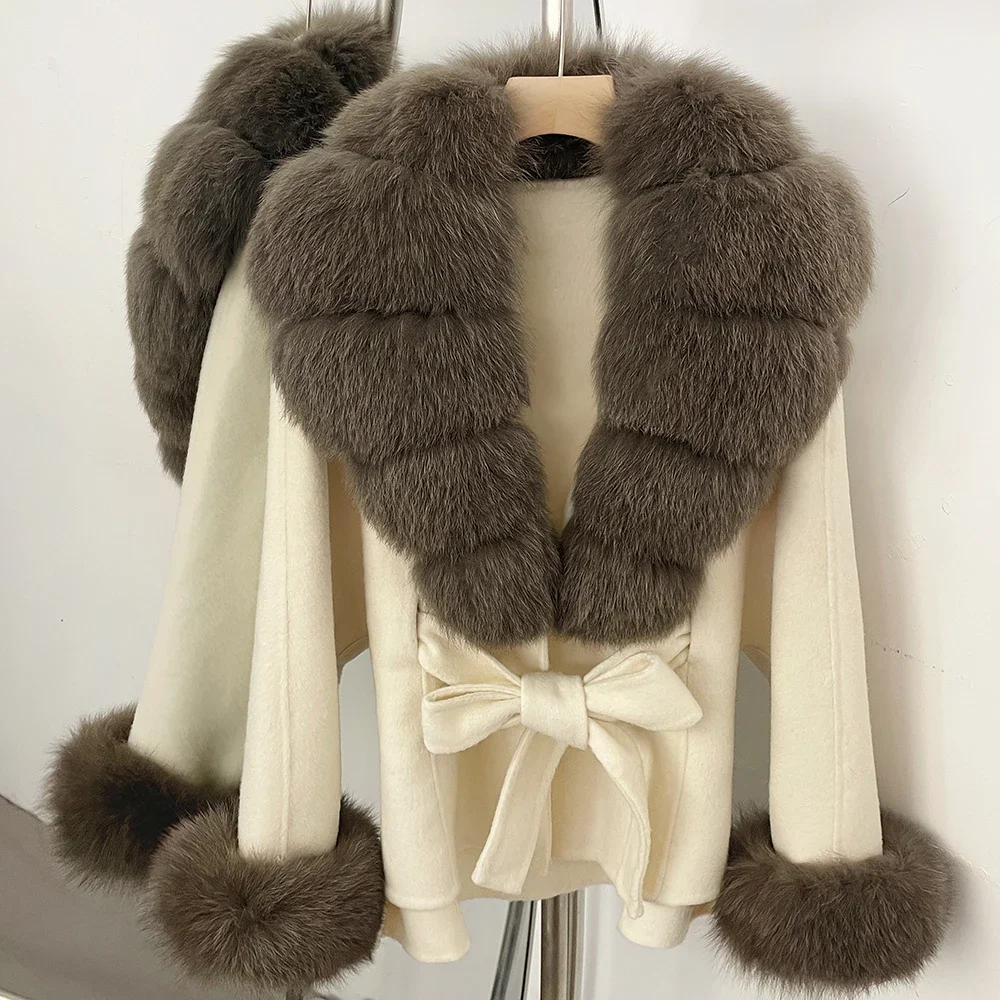 OFTBUY Luxuriöser Echtfuchs-Pelzkragen Wollmantel für Damen Neue Herbst-Winter-Kleidung mit Natürlichem Pelzgürtel 100% Wollmantel für Frauen – Detail 37