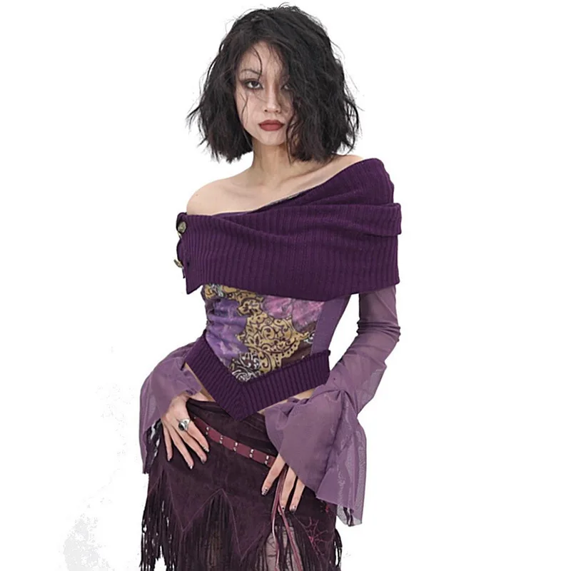 HG Karrcat Japanese Y2k Off Shoulder Top Grunge Aesthetics Knitted Mesh Top Vintage Trashy 2000s Flare Sleeve Purple T Shirt Got